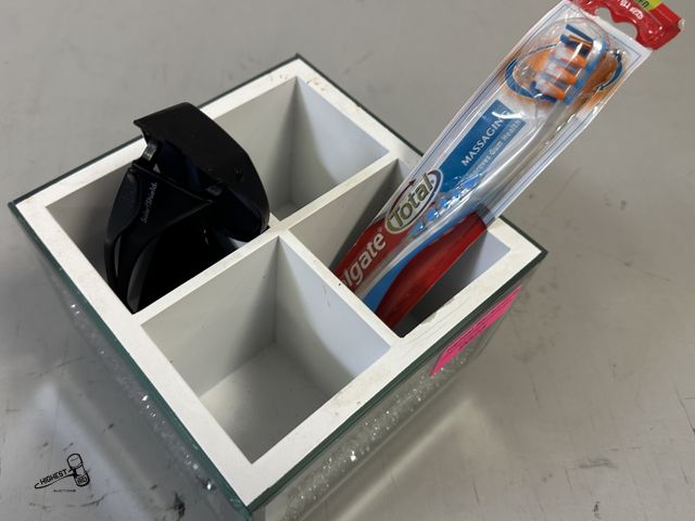 Lot 91-9625 - SILVER LAZY SUSAN CONTAINER, BLACK SOLAR SUN GLASSES, AND NEW COLGATE TOOTHBRUSH
