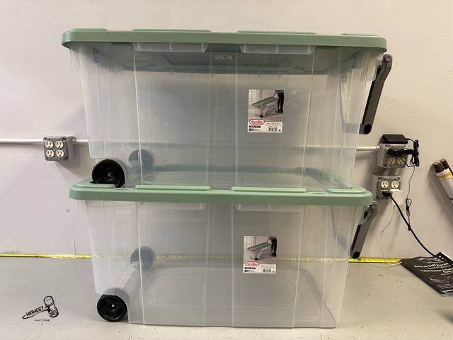 Lot 91-10448 - Sterilite Extra-Large Wheeled Rugged Storage Bin, 160 Quart Durable Clear Storage Container with Lat...