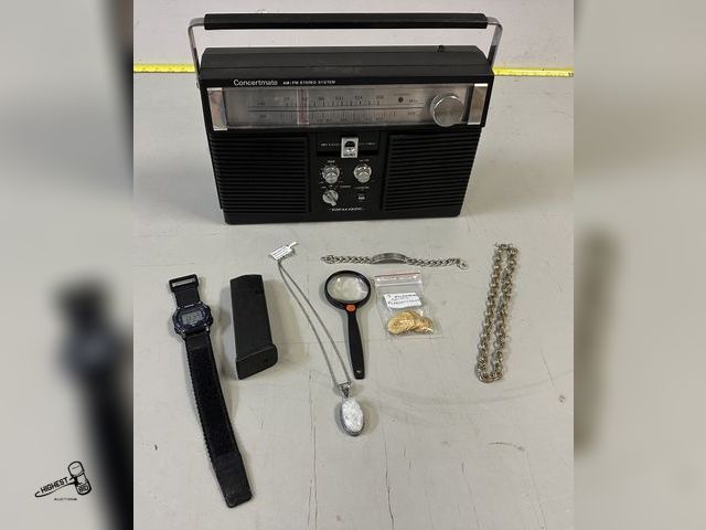 Lot 91-7407 - CONCERTMATE AM/FM STEREO - GLOCK 45 GUN MAGIZINE - 7 EUROPEAN REPRODUCTION COINS -  RAINBOW MOON STO...