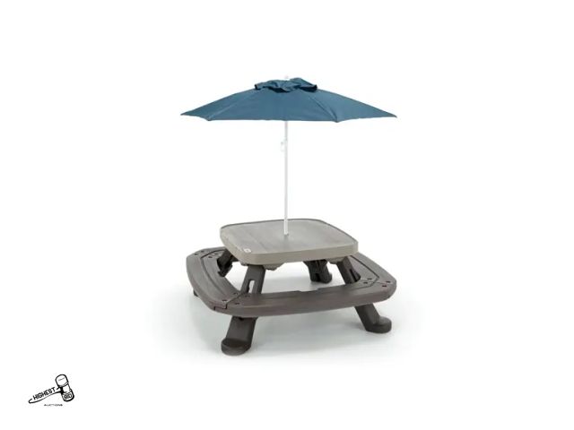 Lot 91-10303 - Little Tikes Outdoor Fold 'N Store Kids Picnic Table Toy with Market Umbrella, Multi-Color. IN WOODE...