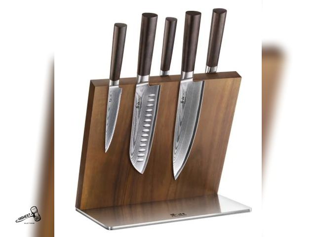 Lot 91-6231 - CANGSHAN SOBU SERIES 6 PIECE DAMASCUS STEEL KNIFE BLOCK SET - PROPRIETARY X-7 DAMASCUS STEEL - EACH ...