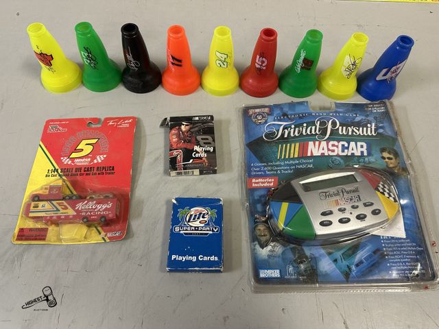 Lot 91-8084 - NASCAR TRIVIA PURSUIT GAME &amp; TWO DECKS OF PLAYING CARDS &amp; 1996 KELLOGGS RACING SET &amp; 9 R...