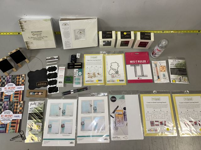 Lot 91-8381 - New TABLE LOT FULL OF CRAFTING &amp; SCRAP BOOK SUPPLIES &amp; MUCH MORE -  STENCIL SETS MASKING FIL...