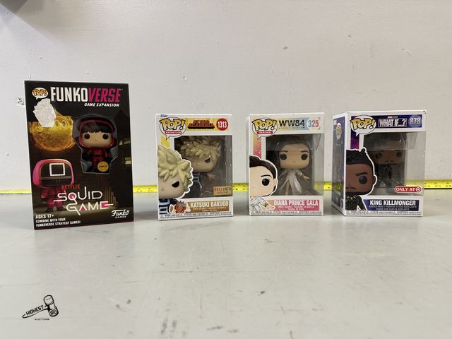 Lot 91-10417 - 4 FUNKO POPS - KING KILLMONGER 878 - DIANA PRINCE GALA 325 - KASUKI BAKUGO 1313 - FUNKO VERSE GAME E...