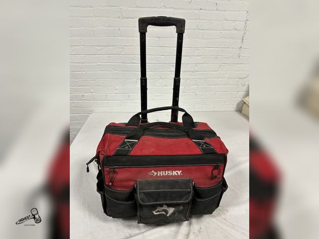 Lot 91-7711 - Husky 18in Rolling Tool Bag 18 Pocket Heavy-Duty Telescoping Handle Wheels