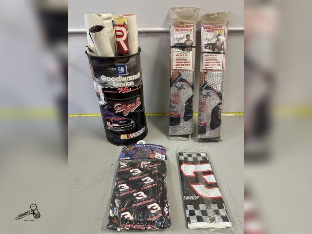 Lot 91-8094 - DALE EARNHARDT COLLECTION - METAL TRASH CAN - TABLE CLOTH - TAILGATER CHEF SET - 2  WINDOW SHADES - ...