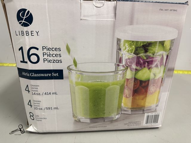 Lot 91-6233 - LIBBEY ATRIA 16 PIECE GLASSWARE SET WITH LIDS - BPA FREE - FOUR 14OZ GLASSES - FOUR 20OZ GLASSES - E...