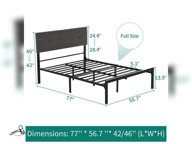 Lot 91-10202 - New YITAHOME Upholstered Bed Frame with Adjustable Headboard Metal Slat, No Box Spring Needed (Full)
