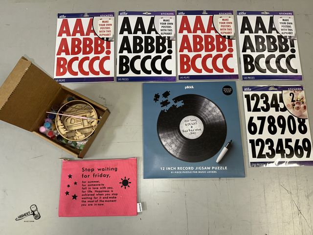 Lot 91-8382 - New ALPHABET &amp; NUMBERS STICKERS - RECORD PUZZLE - PAINT GLAMPING SHADOW BOX - FRIDAY BAG