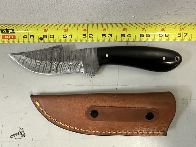 Lot 91-8990 - 8" DAMASCUS KNIVE WITH LEATHER CASE