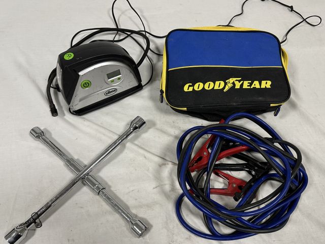 Lot 91-7746 - GOODYEAR JUMPER CABLES 12 FOOT LONG - 4 WAY TIRE IRON - SLIME CAR AIR COMPRESSOR IN CARRYING CASE