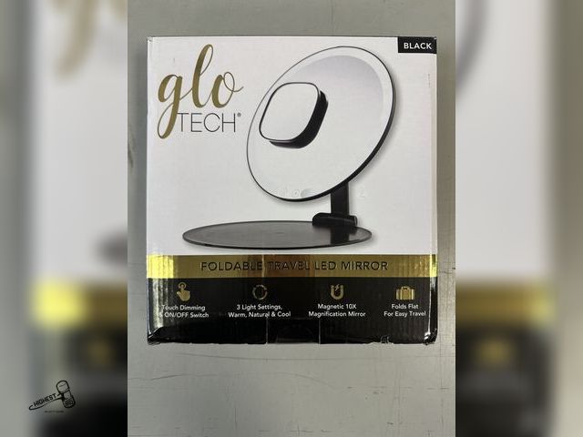 Lot 91-7362 - New GLO TECH FOLDABLE TRAVEL LED MIRROR - BLACK -PLUS MAGNETIC 10X MAGNIFICATION MIRROR - 3 LIGHT SE...