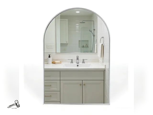 Lot 91-9753 - New MSRP $82 YIQMI 20x30 inch Arched Bathroom Mirror Silver Aluminum Frame Wall Mirror for Vanity, B...