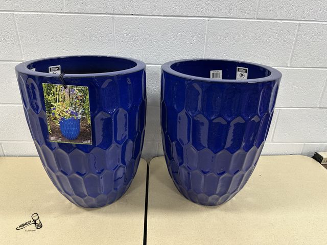 Lot 91-6507 - TWO 17" X 22" BLUE CERAMIC PLANTER - VERY NICE PLANTERS - HEAVY DUTY