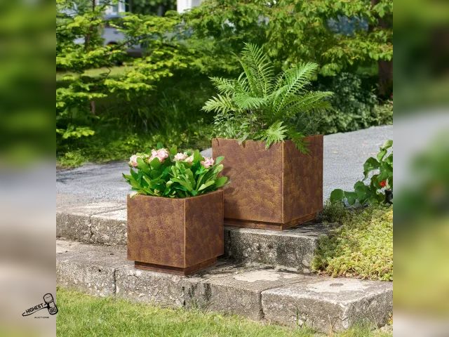 Lot 91-9377 - New MSRP $ 109.99 Corten Style Planters, Set of Two - 100% Steel Construction - Rust Colored UV-stab...