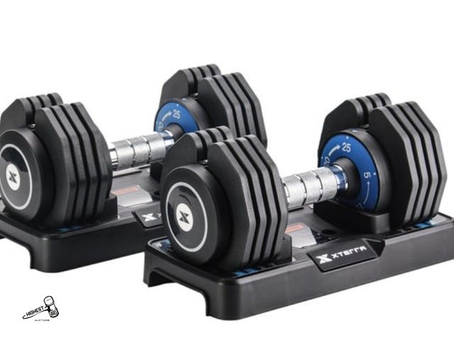 Lot 91-7451 - New XTERRA 25LB ADJUSTABLE DUMBBELLS SET - ONE HANDED HANDLE TWIST WEIGHT SELECTION IN DUMBBELL CRAD...