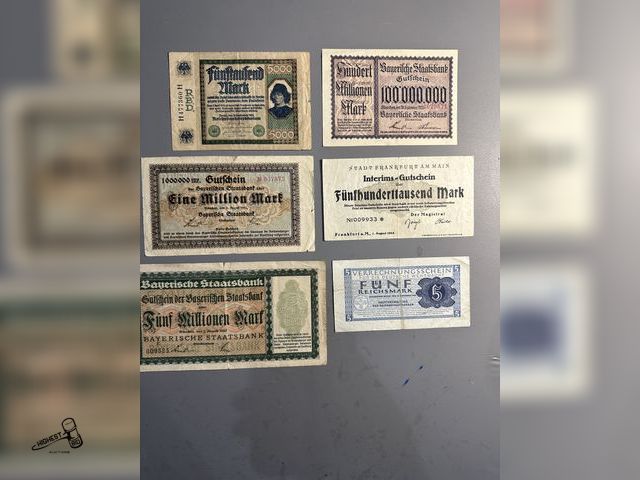 Lot 91-6557 - 6 FOREIGN BILLS - 5 MILLION MARK BANKNOTE ISSUED BY THE BAYERISCHE STAATSBANK IN GERMANY, DATED 1923...