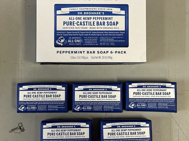 Lot 91-9289 - DR. BRONNER'S - ALL-ONE HEMP PEPPERMINT PURE-CASTILE BAR SOAP ONLY 5 NEW PACKAGED BARS