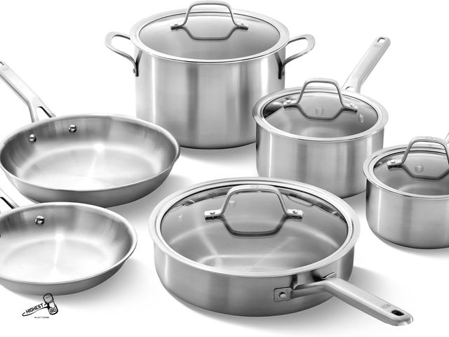 Lot 91-10174 - MSRP $250 LIKE NEW Calphalon Brushed 3-Ply Stainless Steel Cookware Set w/Turbo Heat Tech 10 Piece I...