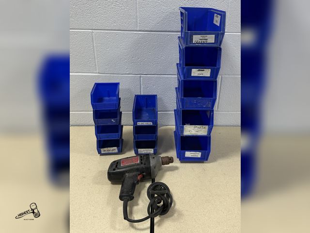 Lot 91-10317 - 12 PIECE BLUE SHOP BINS AND A SEARS 3/8" ELECTRIC DRILL