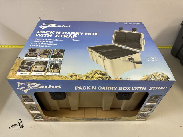 Lot 91-7369 - New COHO PACK AND CARRY BOX WITH STRAP - PRESS BUTTON LATCHES - 2 STORAGE TRAYS - 100% WATERPROOF - ...