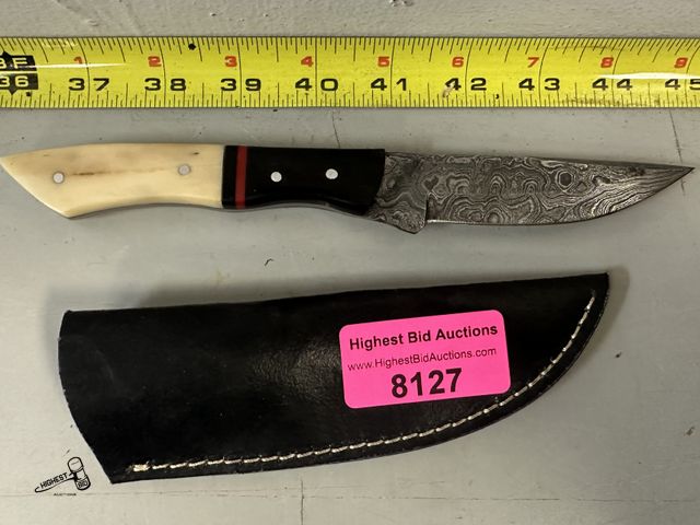 Lot 91-8127 - 9" DEMASCUS KNIFE WITH LEATHER CASE