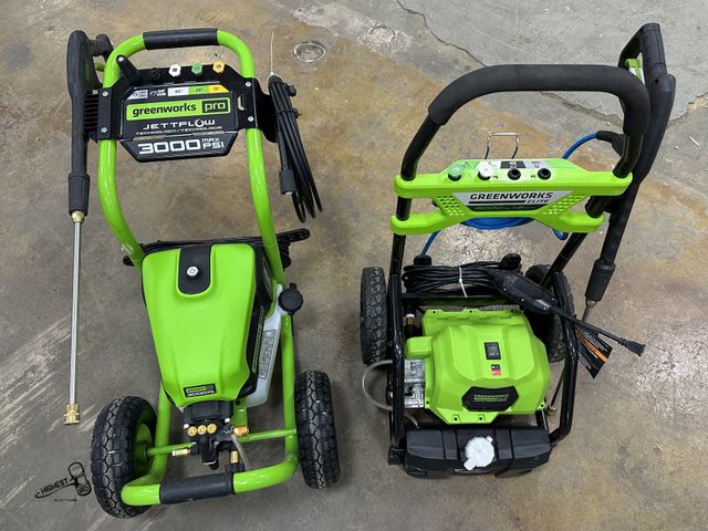 Lot 91-6574 - 2 GREENWORKS ELECTRIC PRESSURE WASHERS - BOTH NEED REPAIED - INCLUDES WANDS, HOSES, AND NOZZLES