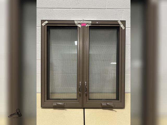 Lot 91-7841 - 37" X 38 5/8" POLAR SEAL SLIDER WINDOW WITH SCREEN - NEW - TAN OUTSIDE - GOLDEN WOOD INSIDE