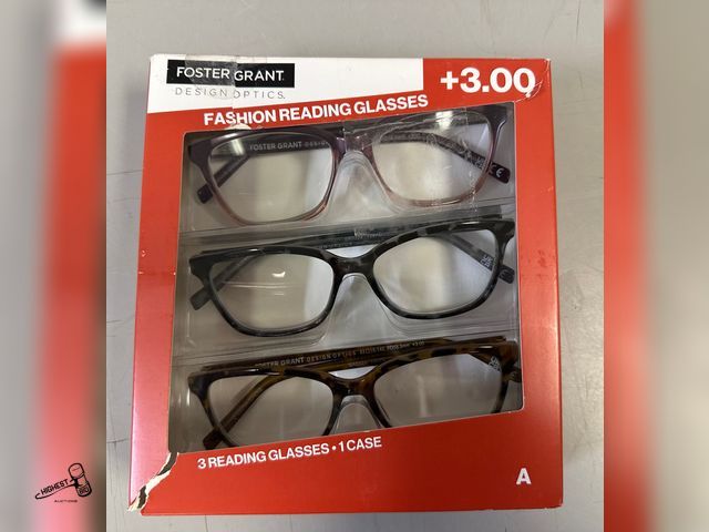 Lot 91-5501 - FOSTER GRANT FASHION READING GLASSES - 3 READING GLASSES AND 1 CASE - +3.00 - COMFORTABLE AND CLEAR ...