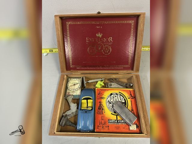 Lot 91-8103 - EXCELSIOR WOODEN CIGAR BOX WITH MISC CONTENTS