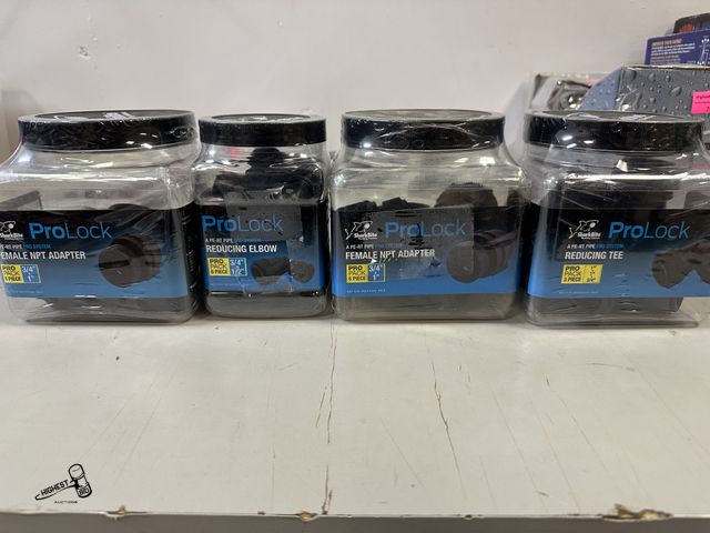 Lot 91-7979 - SHARK BITE PROLOCK - 2 - 6 PACKS OF FEMALE NPT ADAPTER  3/4" X 1" - 1 - 6 PACK OF REDUCING TEE 1" X ...