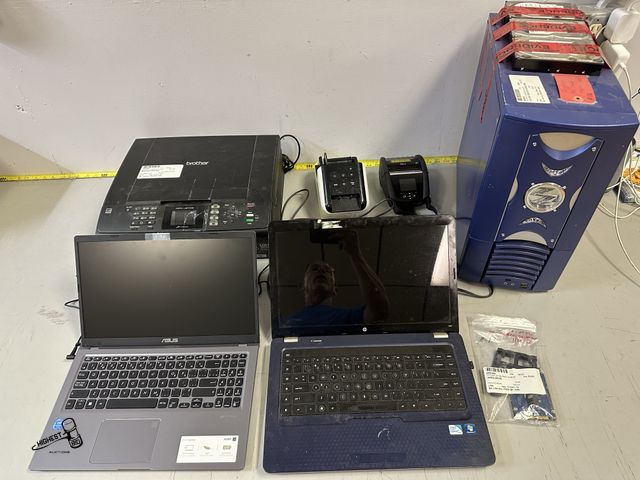 Lot 91-9643 - 1 LABEL MAKER, 2 BROTHER PRINTERS, 1 HP LAPTOP WITH CHARGER, 1 HITACHI HARDRIVE,1  8SUS LAPTOP WITH ...
