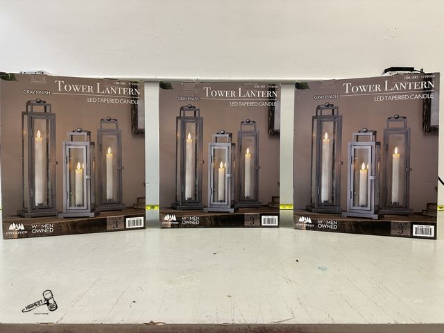 Lot 91-10466 - 9 TOTAL TOWER LANTERNS LED TAPERED CANDLES 3 IN EACH BOX WITH REMOTE