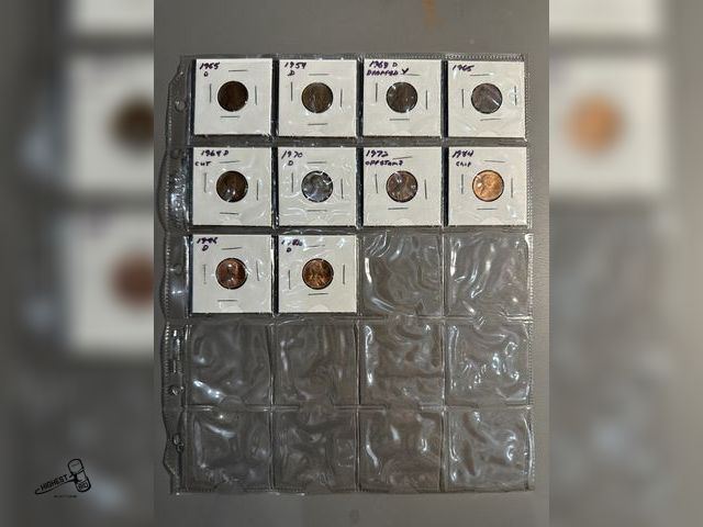 Lot 91-6544 - 10 U.S. WHEAT PENNIES - 1955D - 1959D - 1963D DROPPED - 1965 - 1968D CUT - 1970D - 1972 OFFSTAMS - 1...