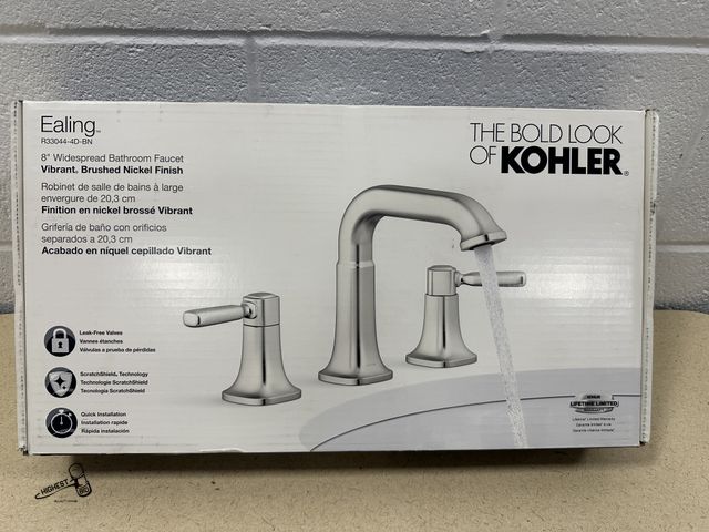Lot 91-7144 - KOHLER EALING VIBRANT BRUSHED NICKEL WIDESPREAD 2 HANDLE WATERSENSE BATHROOM SINK FAUCENT WITH DRAIN...