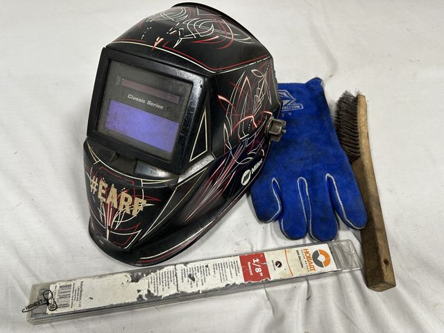 Lot 91-7602 - MILLER CLASSIC SERIES AUOTMATIC WELDING HELMET &amp; HOBART 1/8" WELDING STICK ELECTRODES - WIRE BRU...