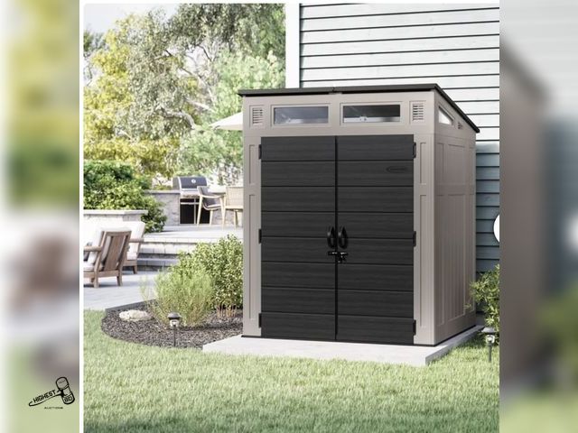 Lot 91-8017 - New Modernist® 6 ft. x 5 ft. Storage Shed with Tool Hooks - A combination of strength and storage, t...