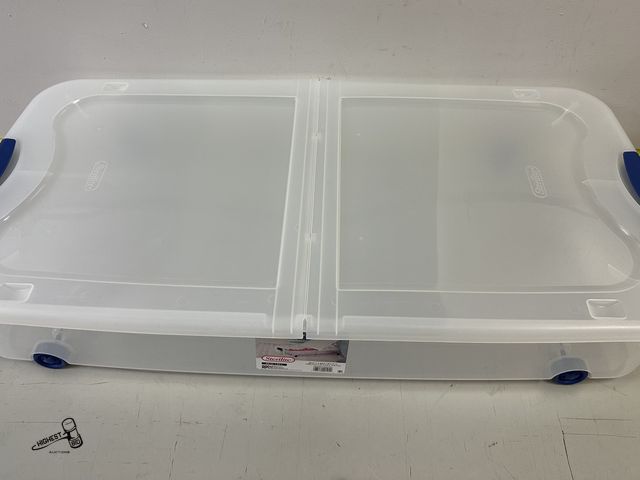 Lot 91-9551 - Plastic STERLITE  UNDER BED PLASTIC STORAGE BIN WITH WHEELS 391/2" L X 201/4"W X 7"H. BRAND NEW- BRO...