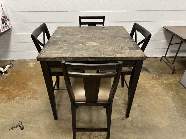 Lot 91-9821 - Dining Room Table & Chairs 5 PIECE HIGH TOP DINING ROOM TABLE WITH 4 CHAIRS. BLACK, BROWN, TAN MARBL...