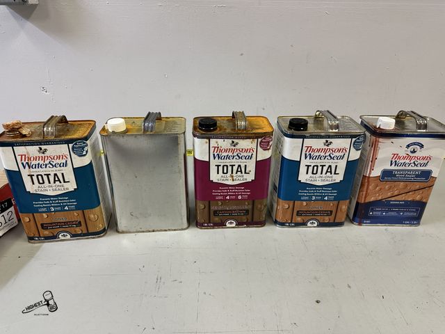 Lot 91-10269 - 5 CONTAINERS OF THOMPSON'S WATER SEAL STAIN &amp; SEALER - 3 ARE FULL AND 2 ARE 1/2 FULL