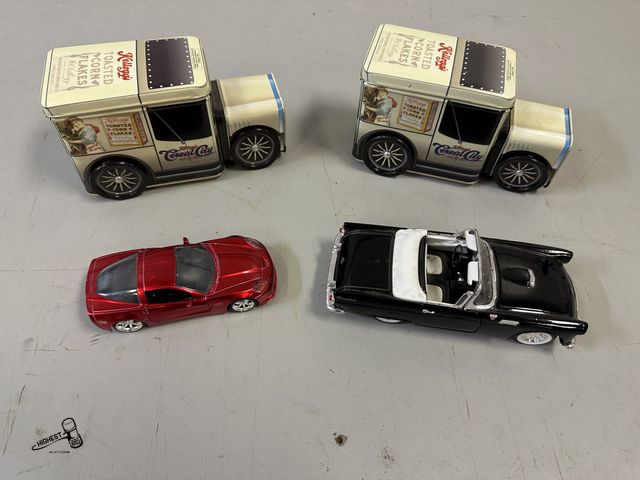 Lot 91-7074 - 4 COLLECTIBLE CARS - 2 KELLOGGS CEREAL CITY TIN TRUCKS - 2006 CORVETTE Z06 DIECAST CAR - FORD THUNDE...