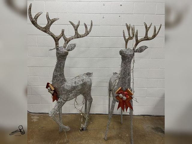 Lot 91-10534 - 2 SILVER GLITTER DEER WITH ANTLERS - NON WORKING NEEDS REPAIRED EARS, TAILS AND LIGHTS
