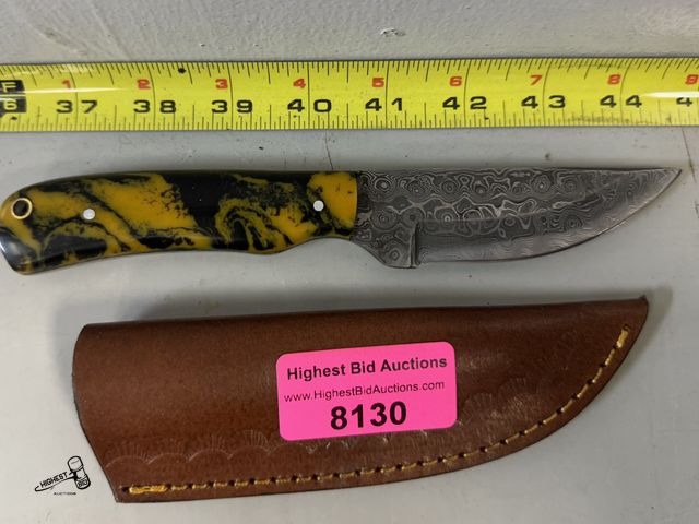 Lot 91-8130 - 8 1/2" DEMASCUS KNIFE WITH LEATHER CASE