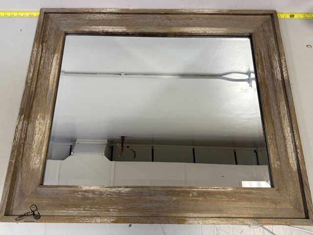 Lot 91-6408 - RUSTIC BEVELED RECTANGLE WOOD WALL MIRROR - 35.19"H X 29.06"W X 0.88"D - BROWN AND GRAY - DO NOT HAN...