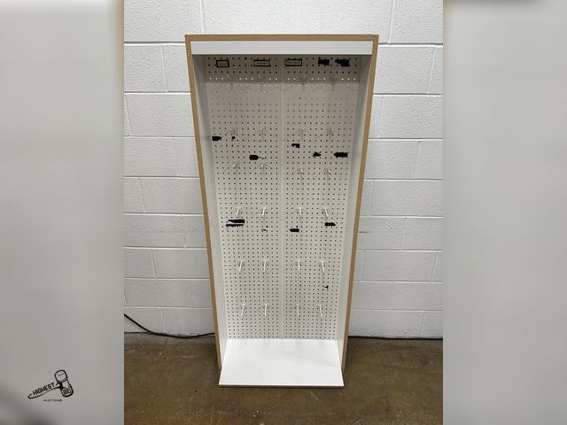 Lot 91-8206 - WHITE DISPLAY RACK WITH HOOKS 27" WIDE X 8" DEEP X 64" TALL