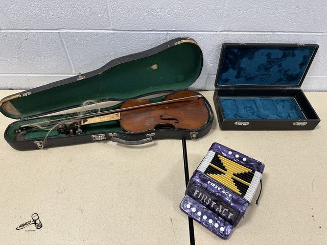 Lot 91-10350 - VIOLIN IN CASE &amp; ACCORDION ALONG WITH OLD WOODEN BOX WITH METAL LATCHES