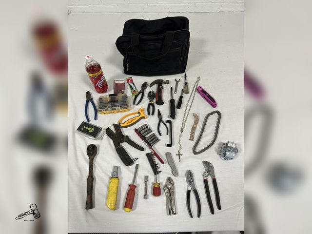 Lot 91-7579 - BLACK TOOL BAG WITH ASSORTED TOOLS - NECKLACE - WATCH BAND