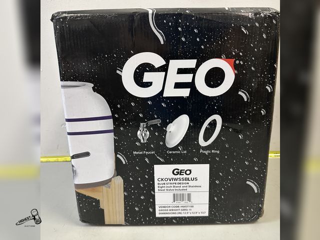 Lot 91-9736 - MSRP $89.99  GEO BLUE STRIPE DESIGN  EIGHT INCH STAND AND STAINLESS STEEL VALVE INCLUDED. 2.5 GALLON...