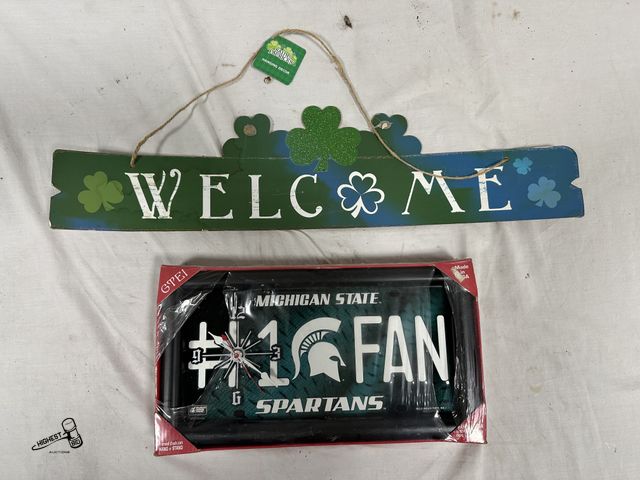 Lot 91-7608 - MICHIGAN STATE SPARTANS # 1 FAN QUARTZ CLOCK NEW IN PACKAGE &amp; SAINT PATRICKS WELCOME SIGN