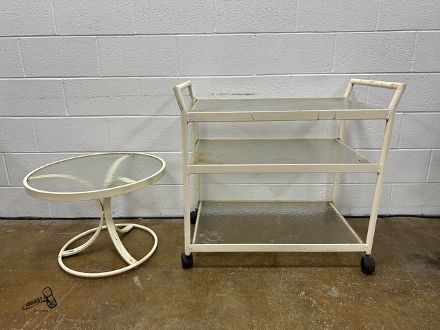 Lot 91-10343 - 3 TIER GLASS ROLLING CART &amp; MATCHING ROUND TABLE - 17" X 24" TABLE &amp; 31.5" X 34" X 18.5" CAR...